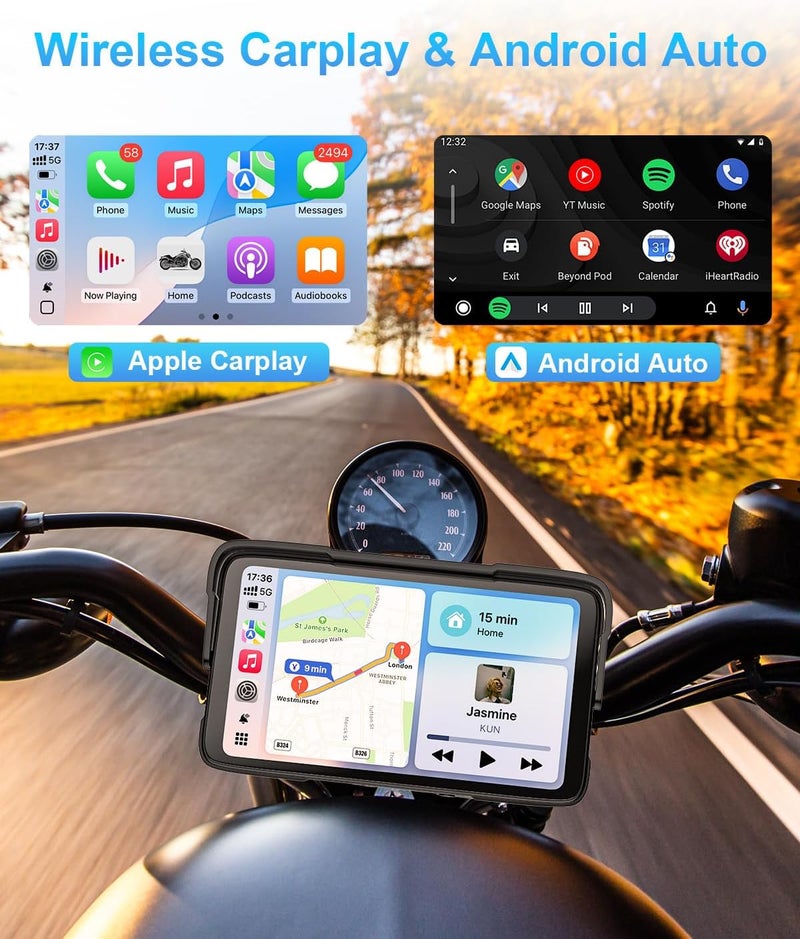 25HOURS Portable Motorcycle CarPlay HD Touch Screen, Motorcycle GPS Navigation System with Apple Carplay and Android Auto, IP67 Waterproof, Support Tire Pressure settings, Bluetooth, Voice Control, Navigation - Image 2